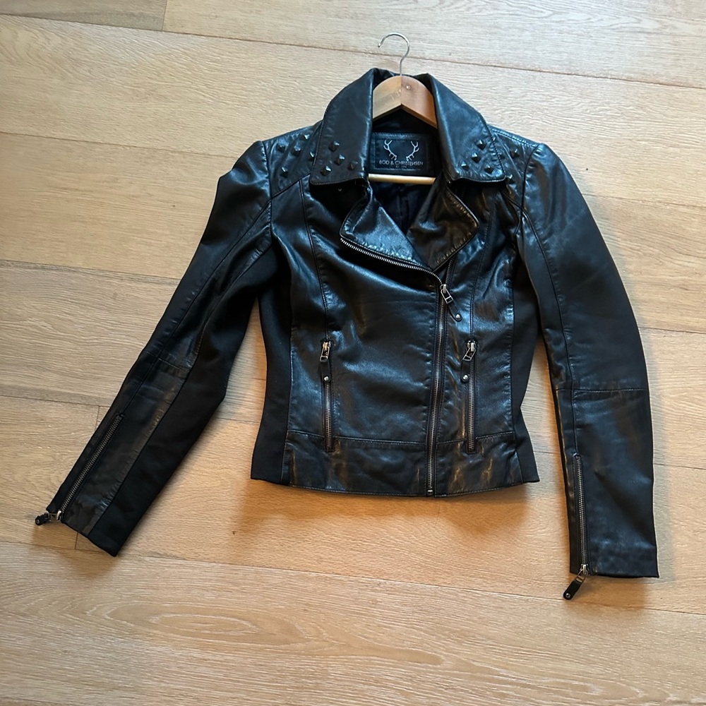 Women's Black Leather Jacket with Studded Details